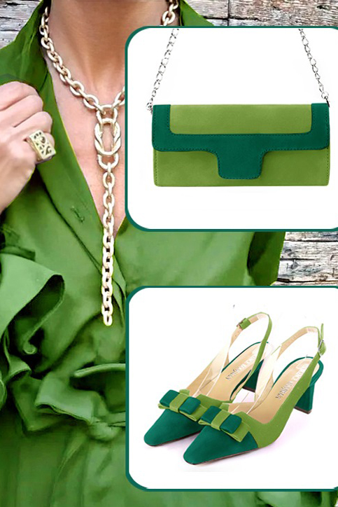Emerald green women's open back shoes, with a knot. Tapered toe. Medium comma heels. Worn view - Florence KOOIJMAN